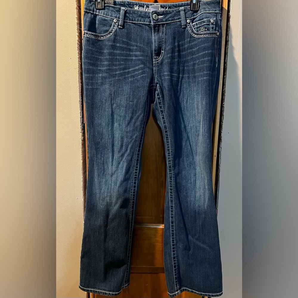 Harley Davidson Denim Blue Jeans Rhinestone Pockets - Picture 2 of 6